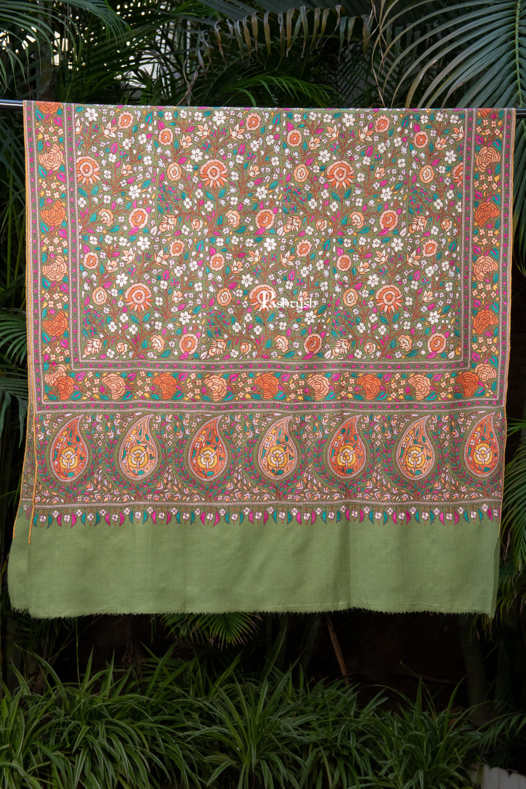 Pashtush India Womens Shawls Pashtush Womens Pure Pashmina Shawl, Papier Mache Hand Embroidery, Hand Woven, Gulabdaar Design, Olive Green