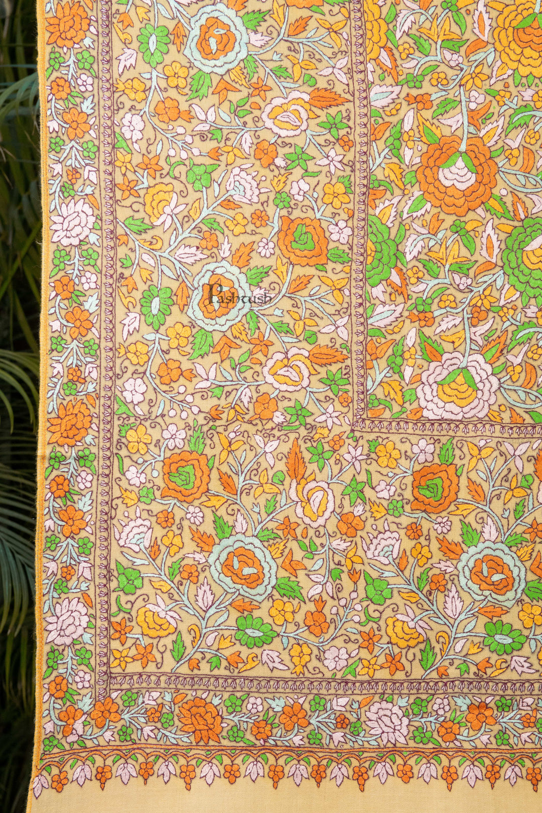 Pashtush India Womens Shawls Pashtush Womens Pure Pashmina Shawl, Papier Mache Hand Embroidery, Hand Woven, Gulabdaar Design, Yellow