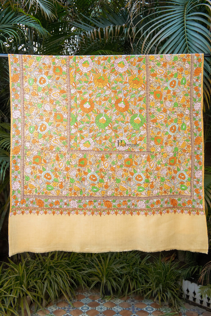 Pashtush India Womens Shawls Pashtush Womens Pure Pashmina Shawl, Papier Mache Hand Embroidery, Hand Woven, Gulabdaar Design, Yellow