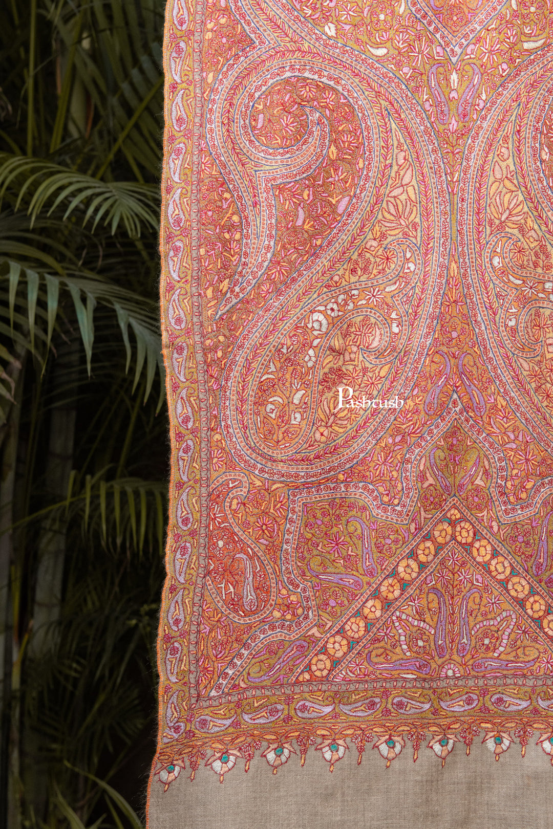 Pashtush India Womens Shawls Pashtush Womens Pure Pashmina Shawl, Sozni Hand Embroidery, Hand Woven Design, Khakikaar