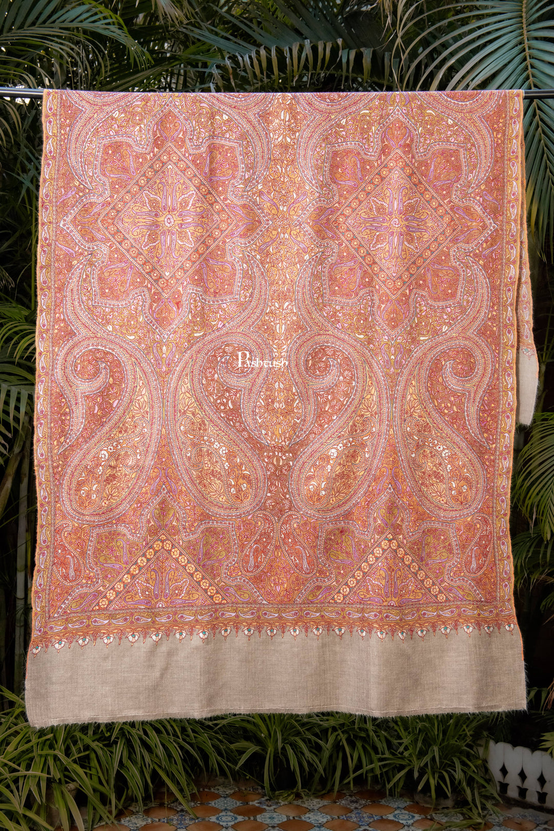 Pashtush India Womens Shawls Pashtush Womens Pure Pashmina Shawl, Sozni Hand Embroidery, Hand Woven Design, Khakikaar
