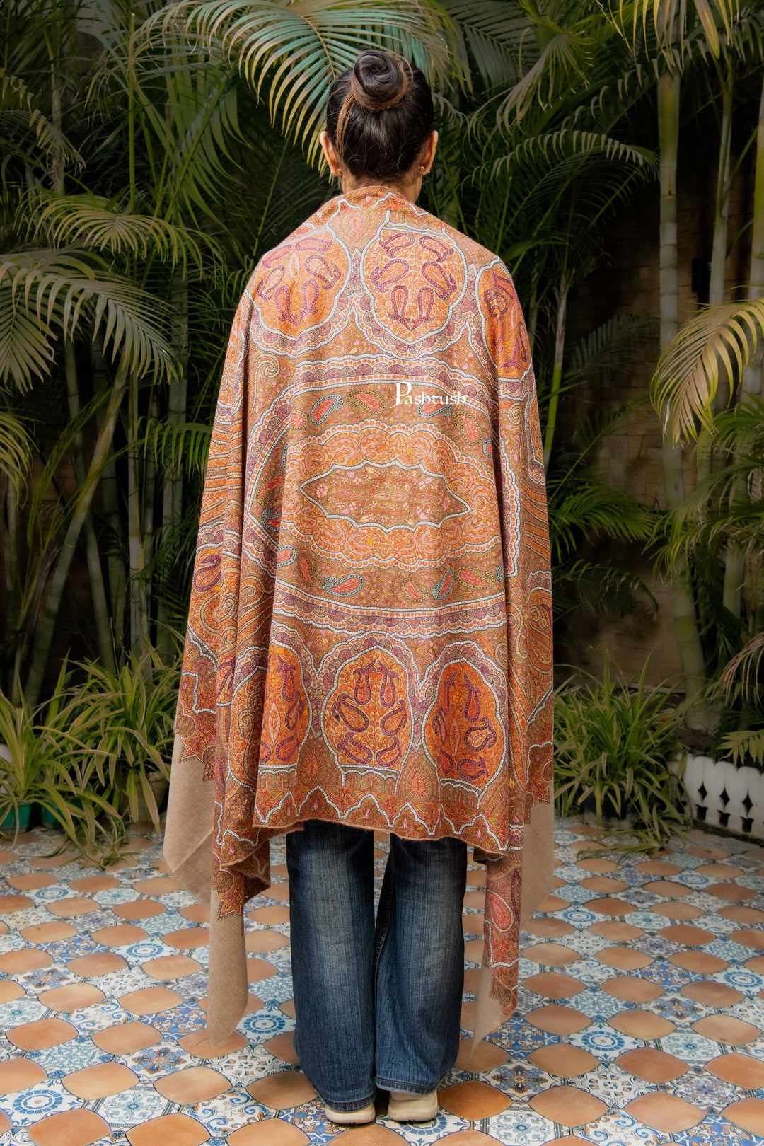 Pashtush India Womens Shawls Pashtush Womens Pure Pashmina Shawl, Sozni Hand Embroidery, Hand Woven Design, Khakikaar