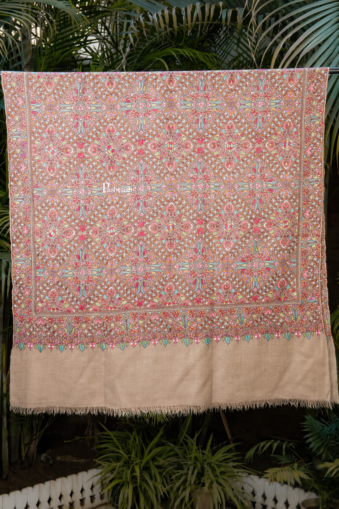Pashtush India Womens Shawls Pashtush Womens Pure Pashmina Shawl, Sozni Hand Embroidery, Hand Woven Design, Multicolour With Natural Woven Base