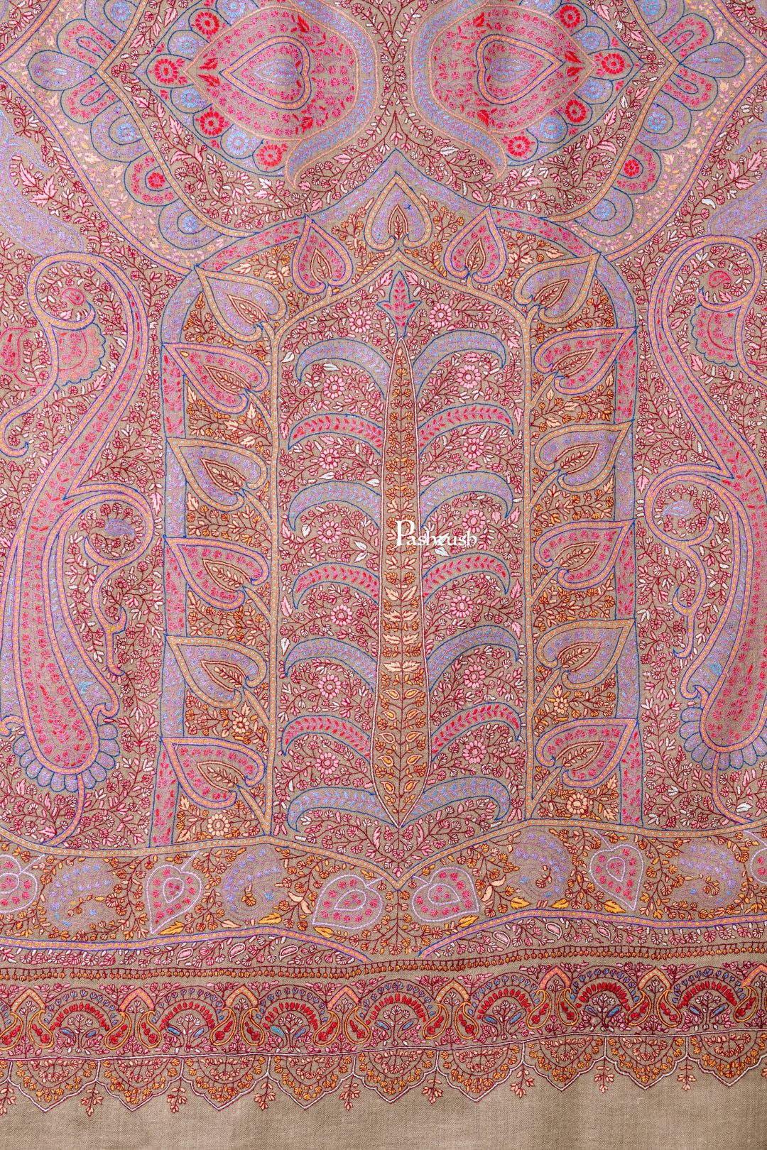 Pashtush India Womens Shawls Pashtush Womens Pure Pashmina Shawl, Sozni Hand Embroidery, Hand Woven Design, Multicolour With Natural Woven Base