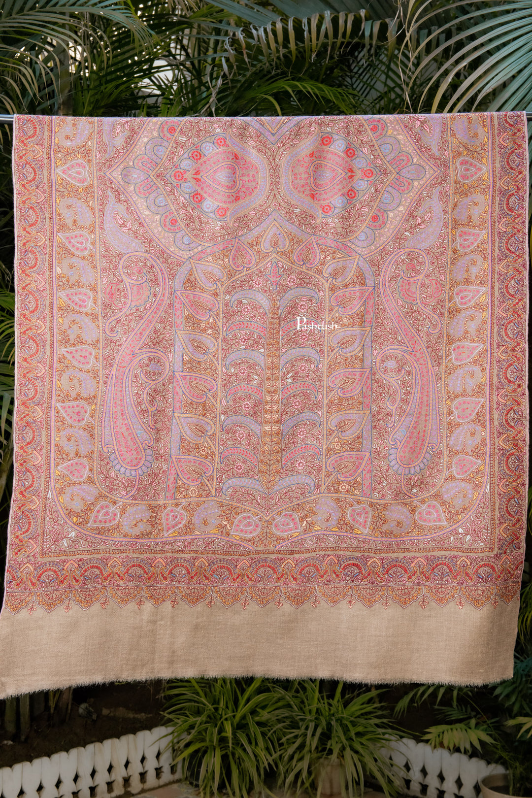 Pashtush India Womens Shawls Pashtush Womens Pure Pashmina Shawl, Sozni Hand Embroidery, Hand Woven Design, Multicolour With Natural Woven Base