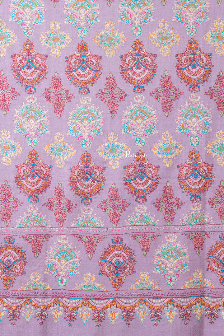 Pashtush India Womens Shawls Pashtush Womens Pure Pashmina Shawl, Sozni Hand Embroidery, Hand Woven Design, Peel Lilac