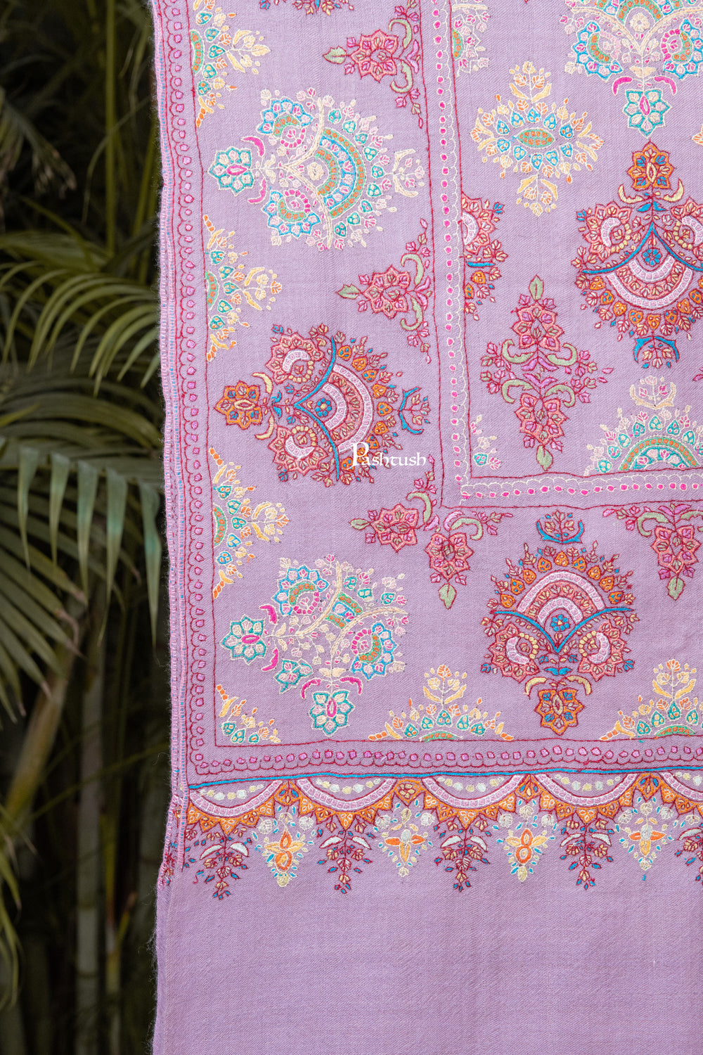 Pashtush India Womens Shawls Pashtush Womens Pure Pashmina Shawl, Sozni Hand Embroidery, Hand Woven Design, Peel Lilac