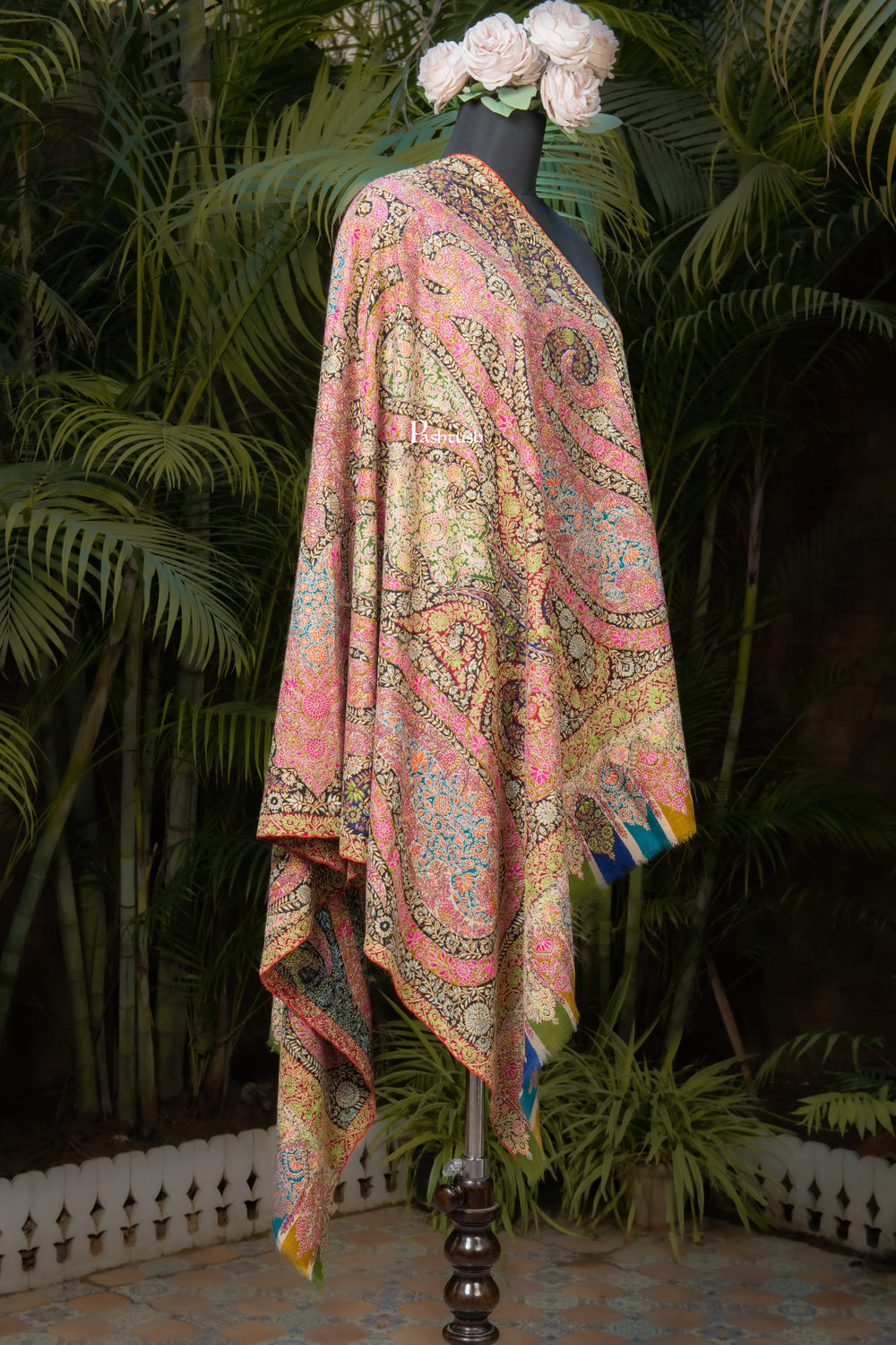 Pashtush India Womens Shawls Pashtush Womens Pure Pashmina Shawl, Sozni Hand Embroidery, Hand Woven, Kalamkari Design, Multicolour