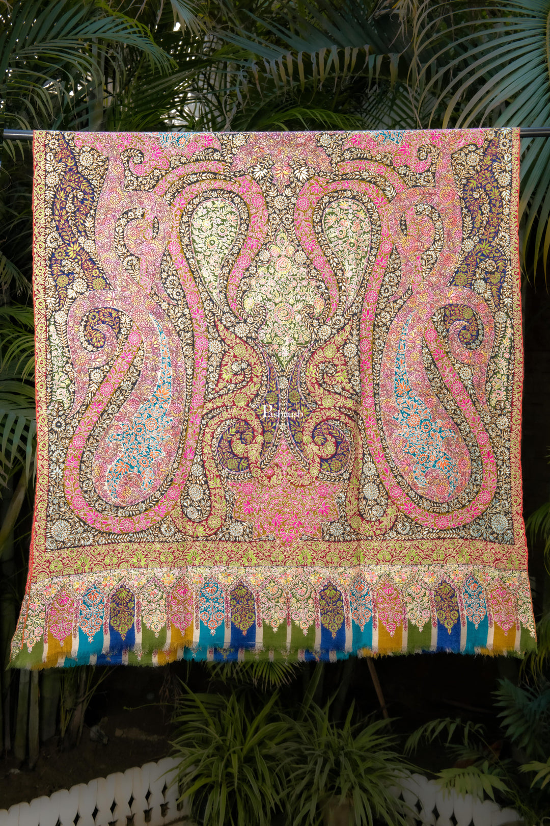 Pashtush India Womens Shawls Pashtush Womens Pure Pashmina Shawl, Sozni Hand Embroidery, Hand Woven, Kalamkari Design, Multicolour