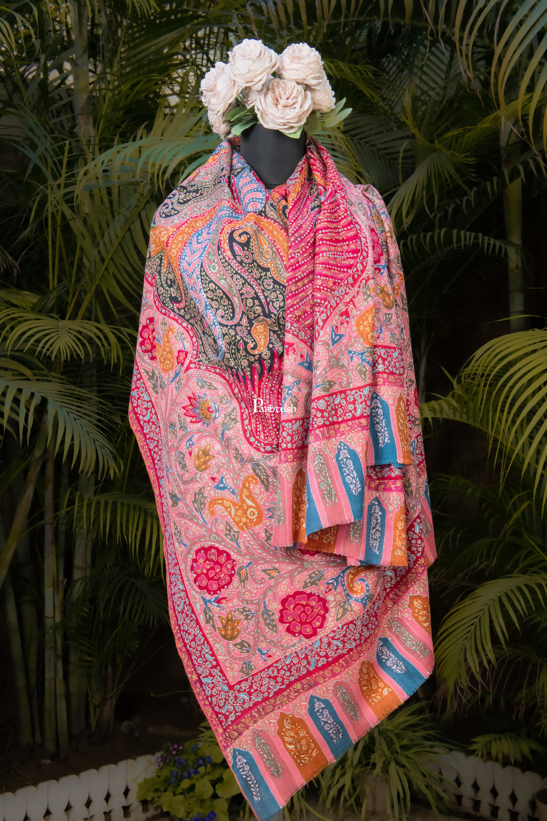 Pashtush India Womens Shawls Pashtush Womens Pure Pashmina Shawl, Sozni Hand Embroidery, Hand Woven, Kalamkari Design, Multicolour
