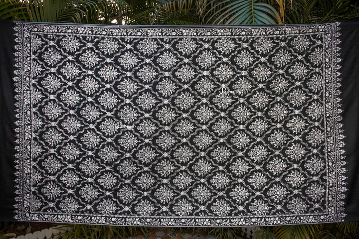 Pashtush India Womens Shawls Pashtush Womens Pure Pashmina Shawl, Sozni Hand Embroidery, Hand Woven, Tonal Design, Black