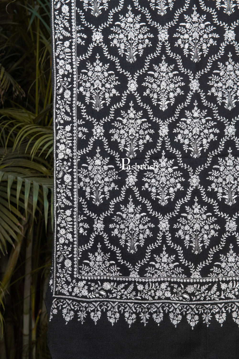 Pashtush India Womens Shawls Pashtush Womens Pure Pashmina Shawl, Sozni Hand Embroidery, Hand Woven, Tonal Design, Black