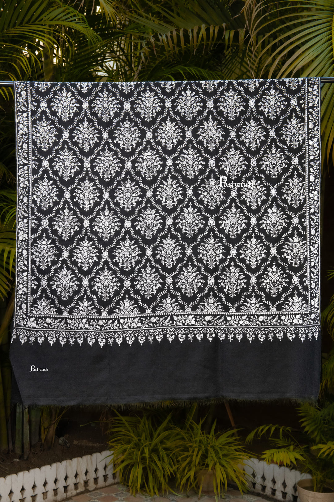 Pashtush India Womens Shawls Pashtush Womens Pure Pashmina Shawl, Sozni Hand Embroidery, Hand Woven, Tonal Design, Black