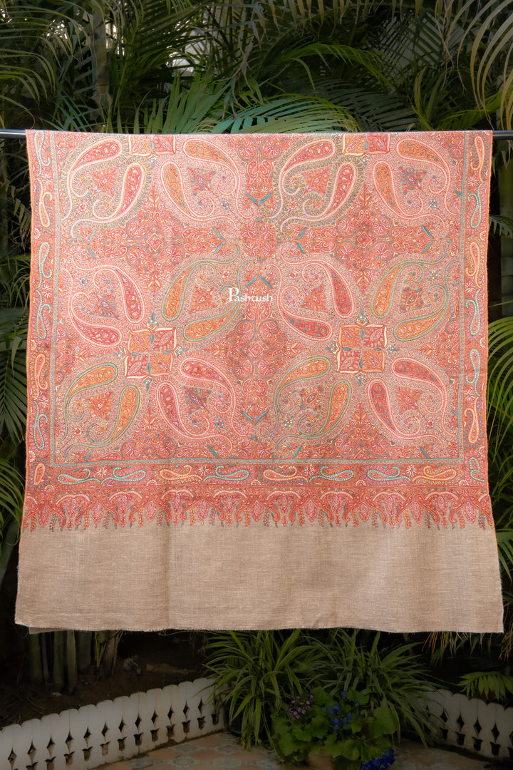 Pashtush India Womens Shawls Pashtush Womens Pure Pashmina Shawl, Sozni Hand Embroidery, Hand Woven, Tonal Design, Multicoloured with Natural Woven Base