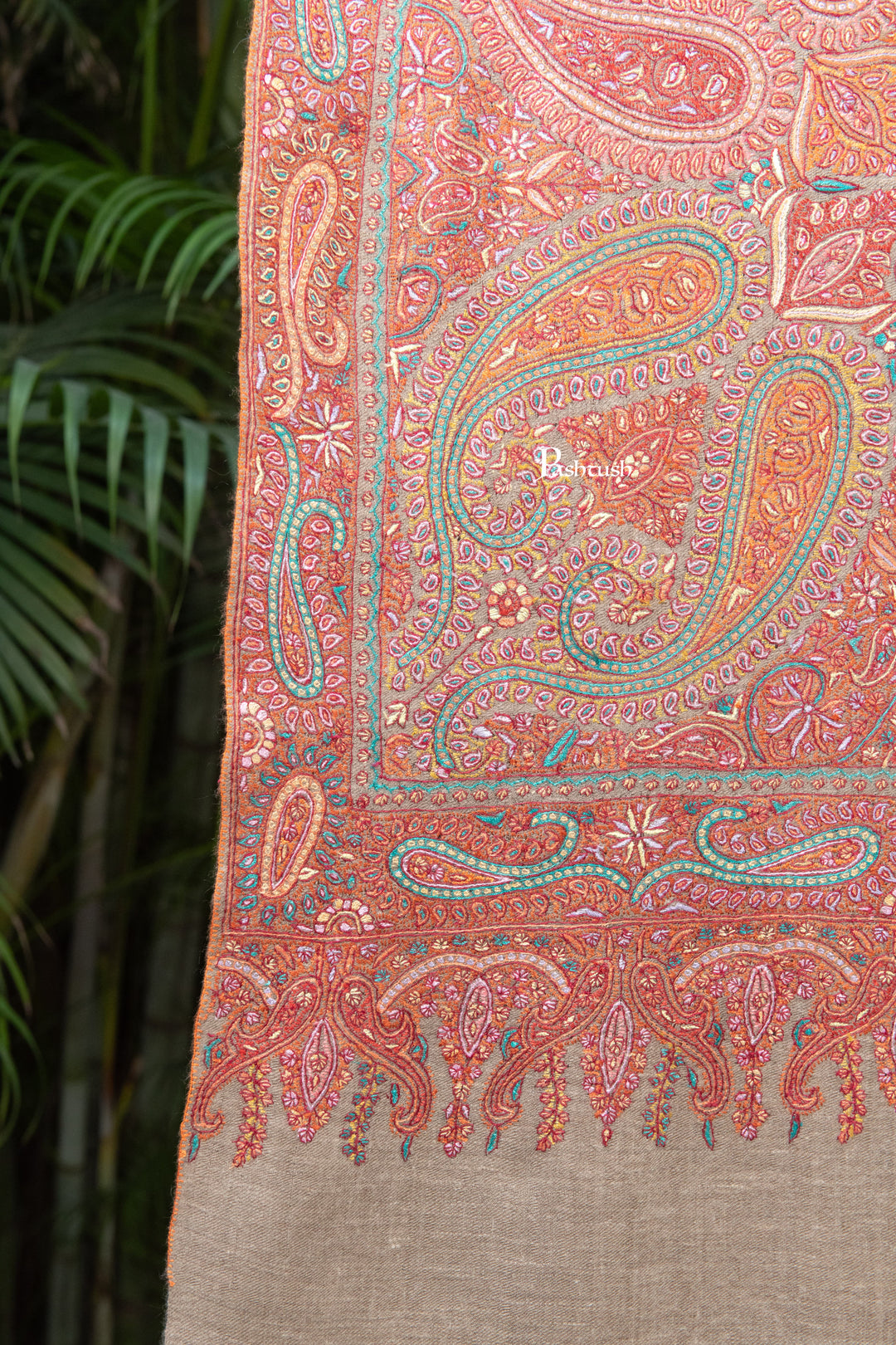 Pashtush India Womens Shawls Pashtush Womens Pure Pashmina Shawl, Sozni Hand Embroidery, Hand Woven, Tonal Design, Multicoloured with Natural Woven Base