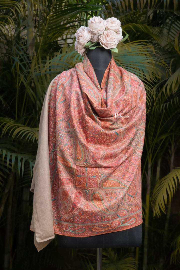 Pashtush India Womens Shawls Pashtush Womens Pure Pashmina Shawl, Sozni Hand Embroidery, Hand Woven, Tonal Design, Multicoloured with Natural Woven Base