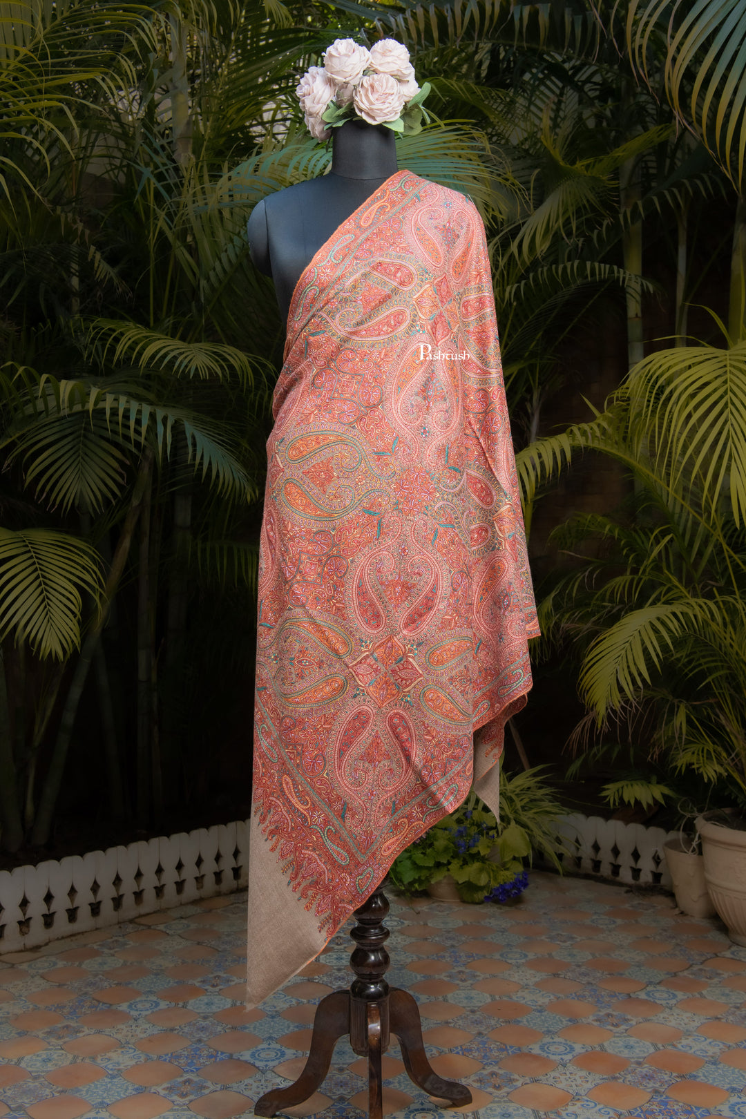 Pashtush India Womens Shawls Pashtush Womens Pure Pashmina Shawl, Sozni Hand Embroidery, Hand Woven, Tonal Design, Multicoloured with Natural Woven Base