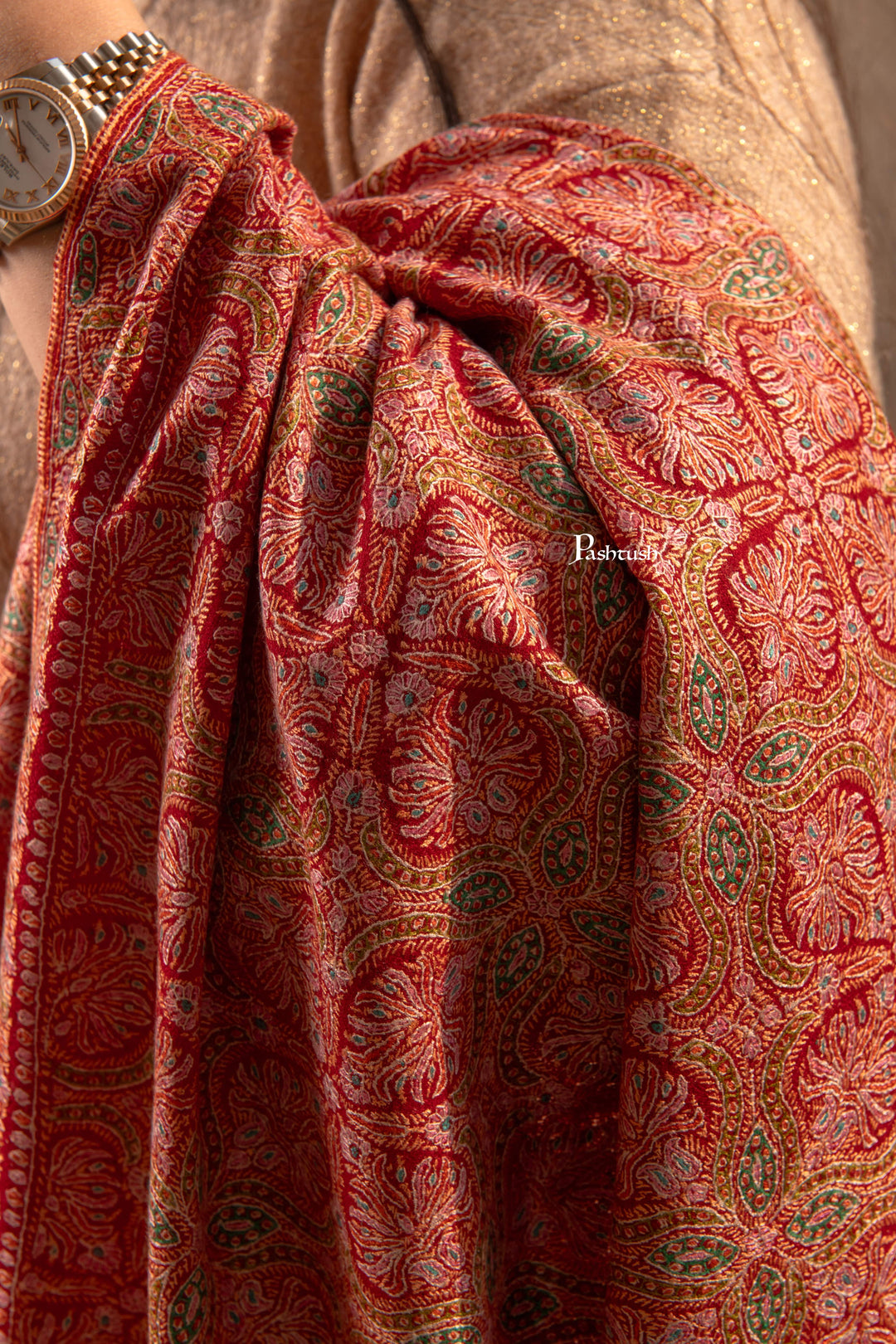 pashtush Womens Shawls Pashtush Womens Pure Pashmina Shawl Sozni, Kashmiri Hand Embroidery, Maroon