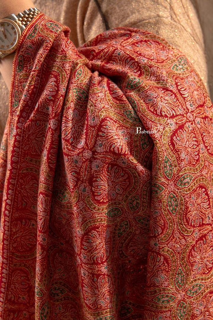 pashtush Womens Shawls Pashtush Womens Pure Pashmina Shawl Sozni, Kashmiri Hand Embroidery, Maroon