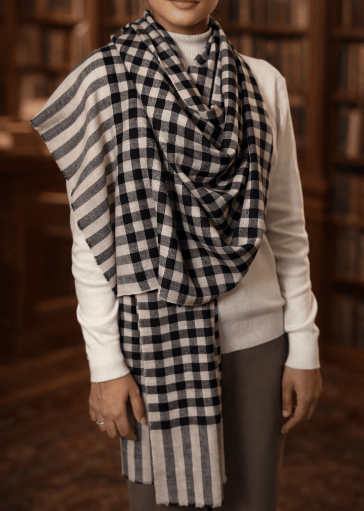 Pashtush India Mens Scarves Stoles and Mufflers Pashtush Womens Pure Pashmina Stole, Handwoven Checkered Design, Black and Beige