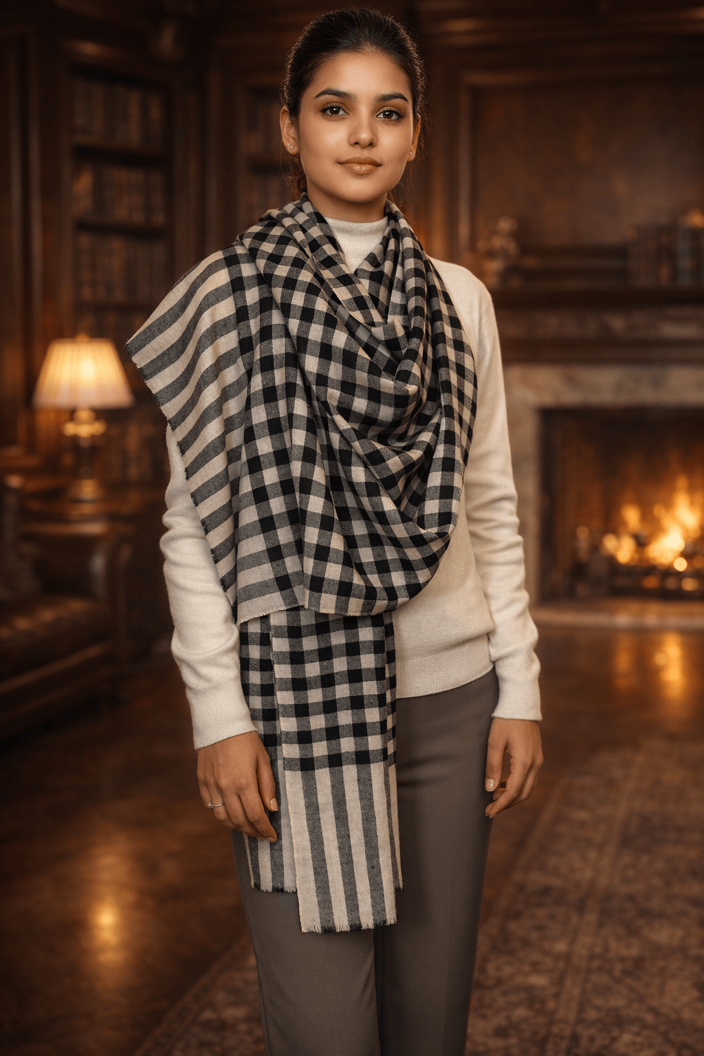 Pashtush India Mens Scarves Stoles and Mufflers Pashtush Womens Pure Pashmina Stole, Handwoven Checkered Design, Black and Beige