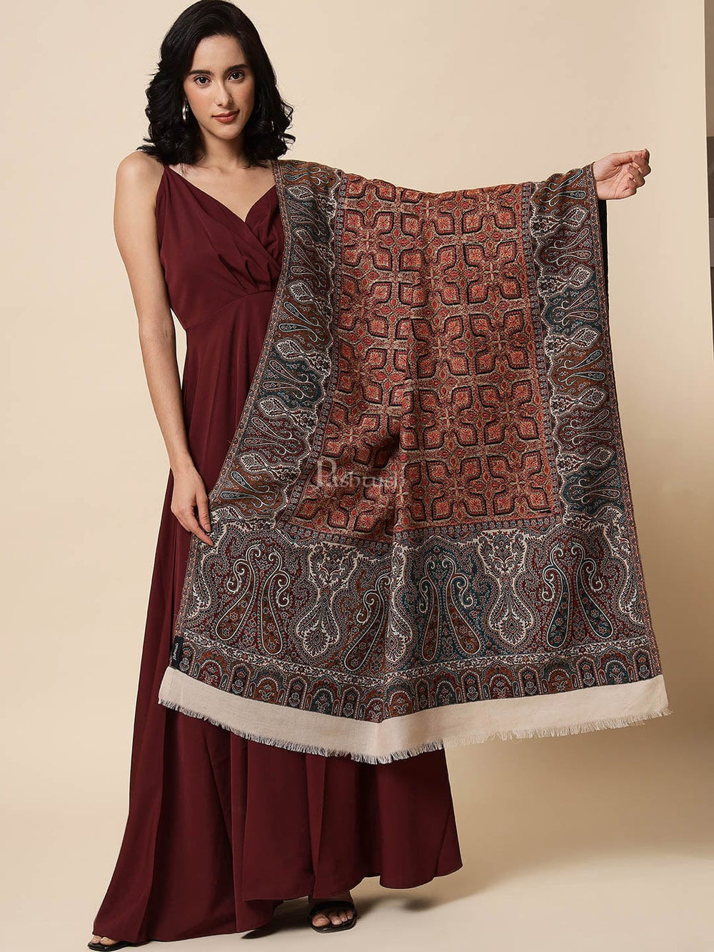 Pashtush India Womens Shawls Pashtush Womens Pure Wool Embroidered Jamawar Shawl, With Woolmark Certificate