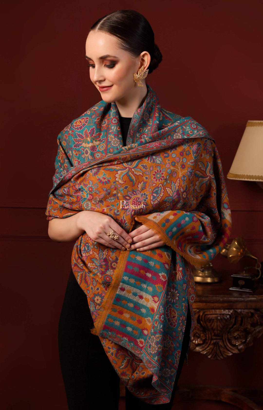 Pashtush India 100x200 Pashtush Womens Pure Wool Ethnic Shawl, Reversible Weave, With Woolmark Certification, Mustard and Blue
