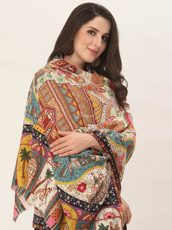 Pashtush India Womens Shawls Pashtush Womens, Pure Wool, Printed Darbar Shawl, Woolmark Certified.