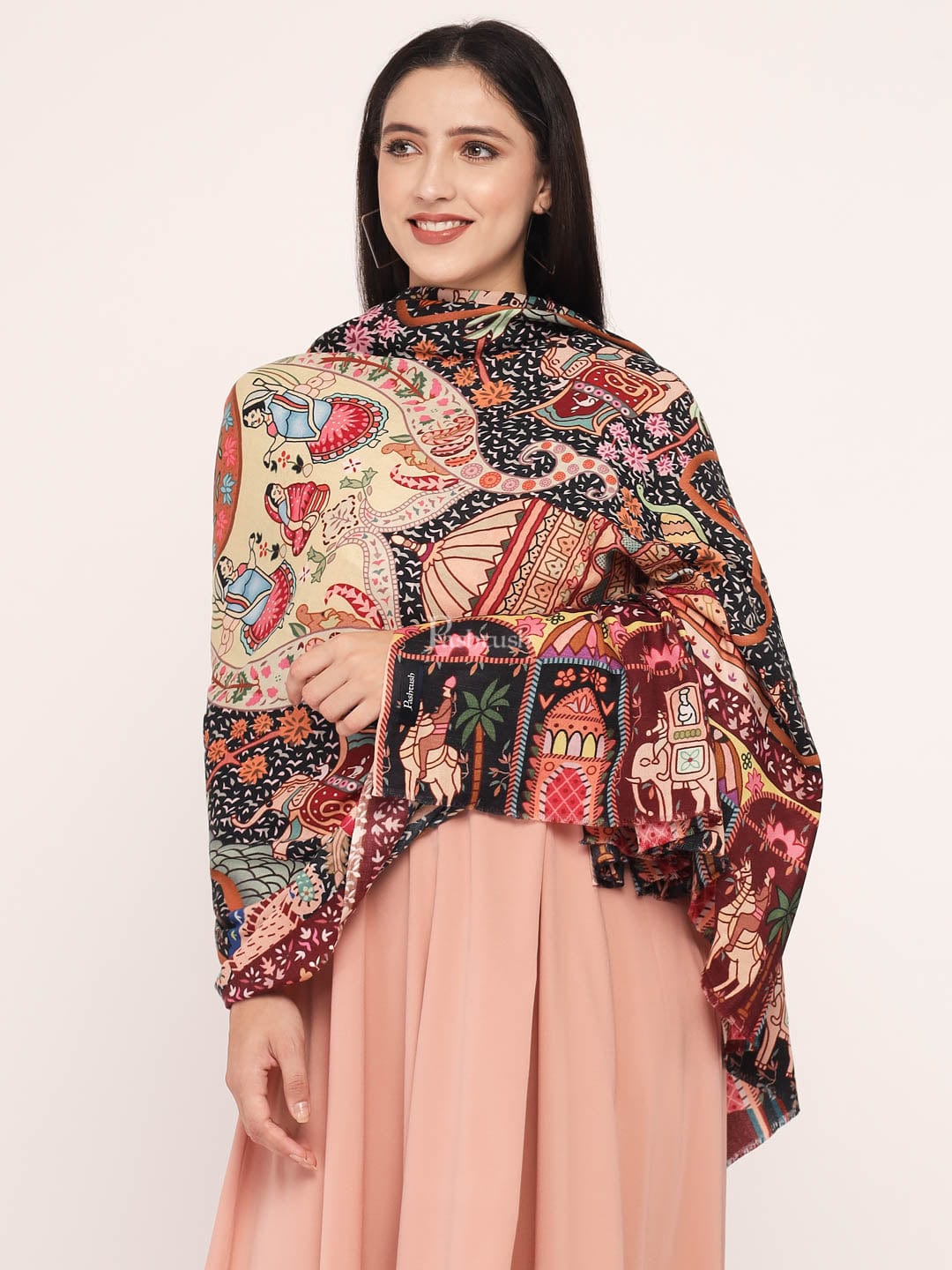 Pashtush India Womens Shawls Pashtush Womens, Pure Wool, Printed Darbar Shawl, Woolmark Certified
