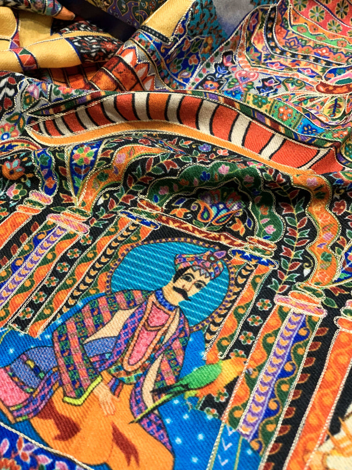 Pashtush India 100x200 Pashtush Womens, Pure Wool, Printed Mughal Darbar Shawl, Woolmark Certified.