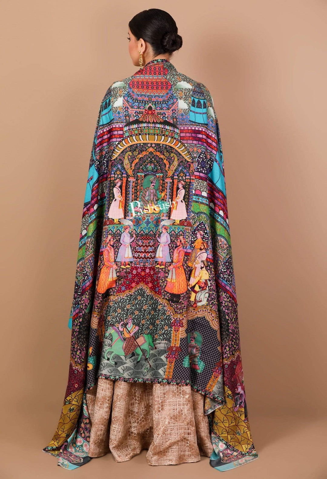 Pashtush India 100x200 Pashtush Womens, Pure Wool, Printed Mughal Darbar Shawl, Woolmark Certified.