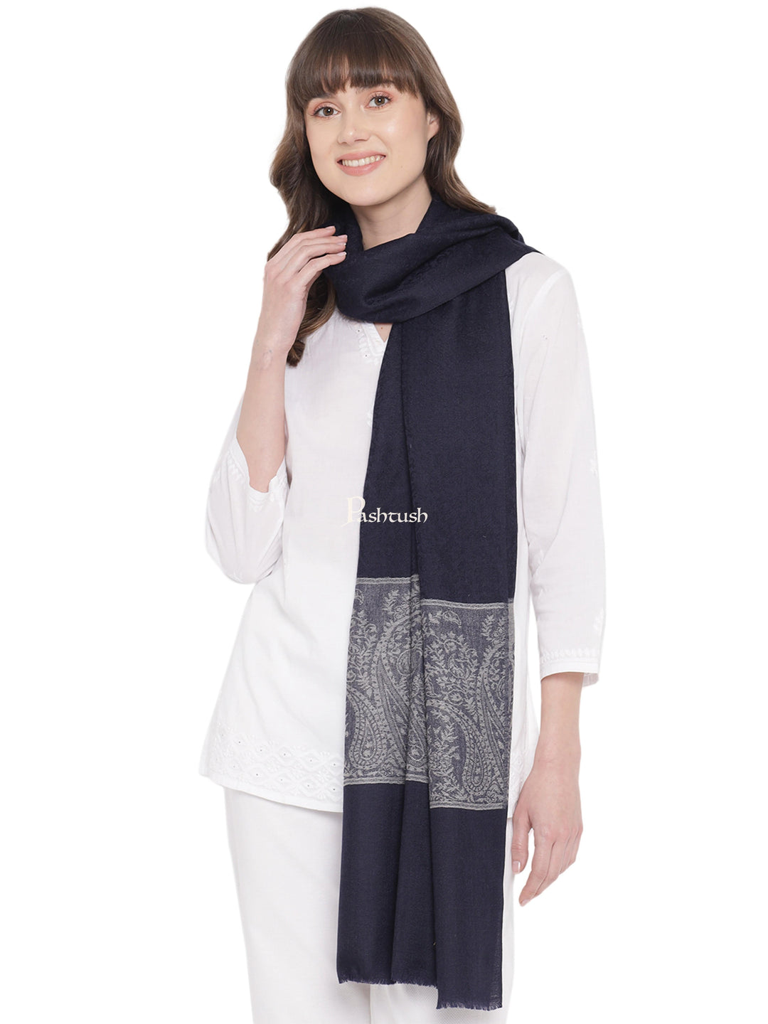 Pashtush India Womens Stoles and Scarves Scarf Pashtush Womens Self Stole, Fine Wool, Paisley Palla Weave, Navy Blue