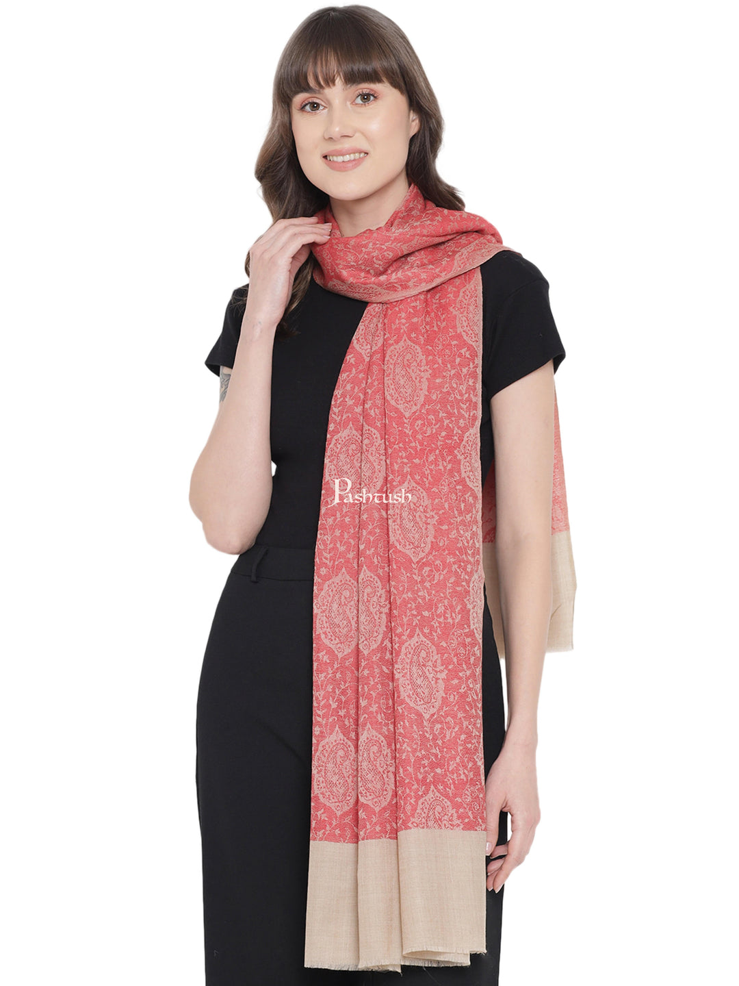 Pashtush India Womens Stoles and Scarves Scarf Pashtush Womens Self Stole, Fine Wool, Paisley Weave, Red