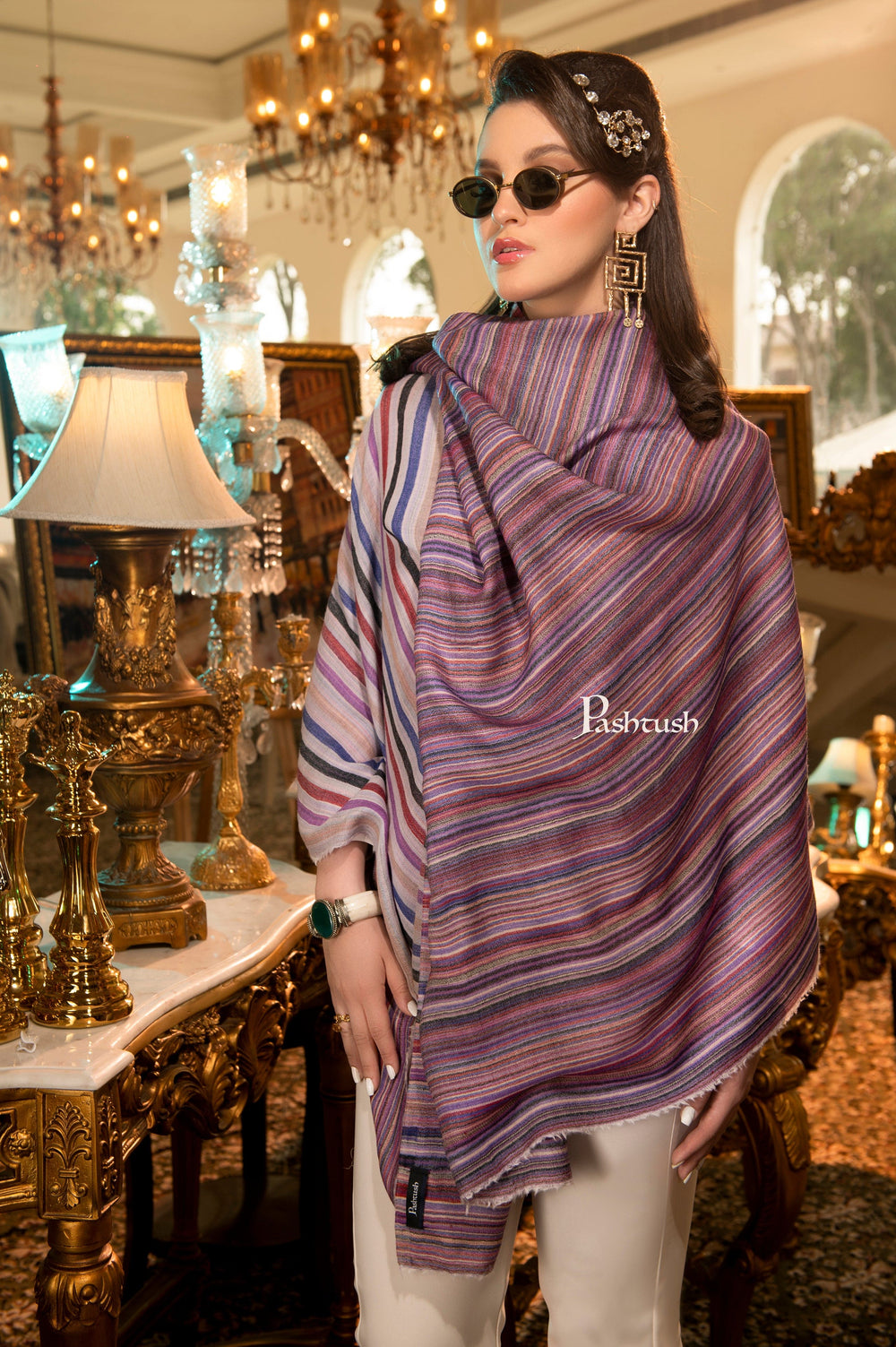 Pashtush India Womens Shawls Pashtush Womens Shawl, Cashmere Blended, Extra Fine Wool, Reversible Weave, Striped
