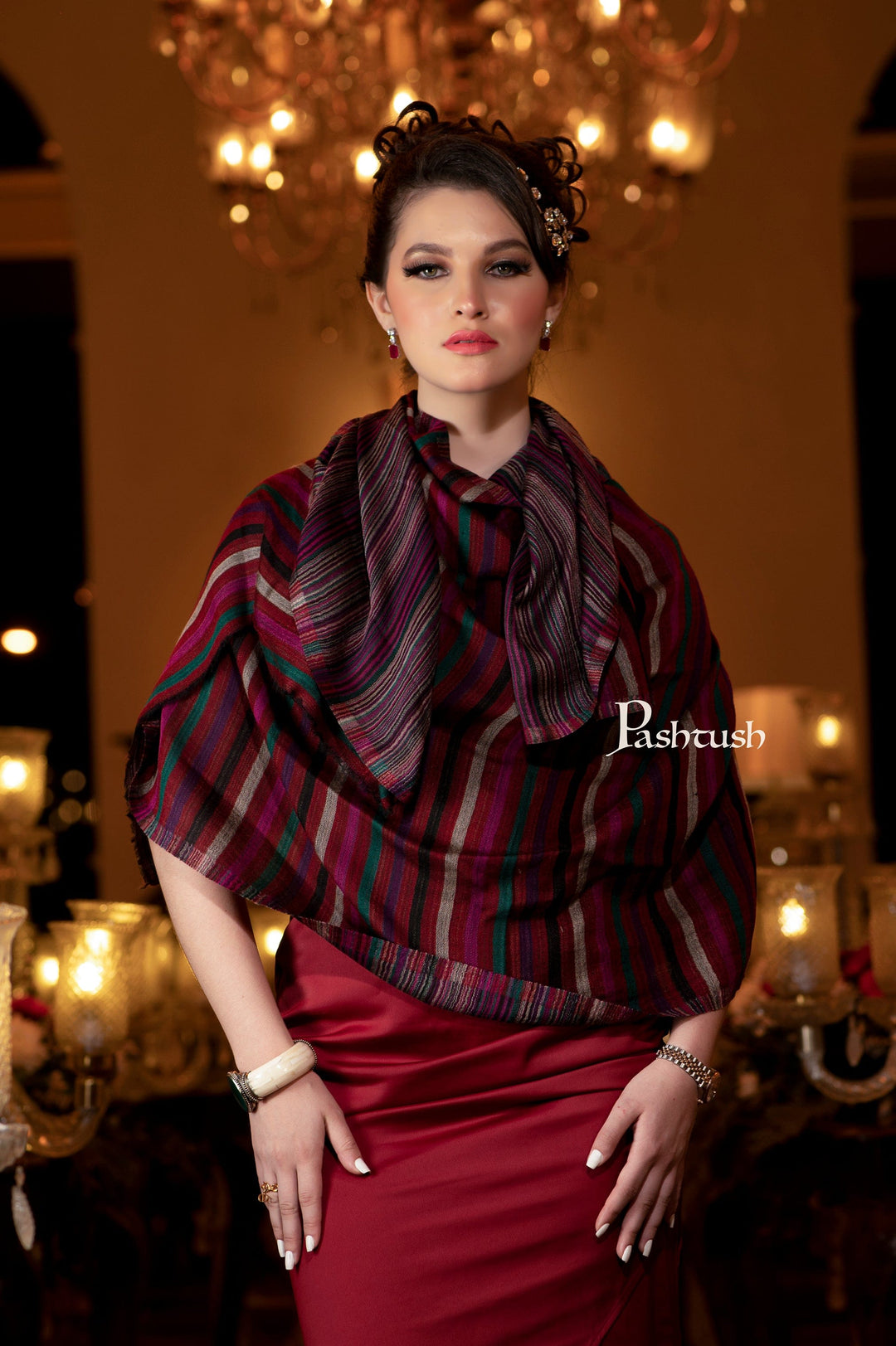 Pashtush India Womens Shawls Pashtush Womens Shawl, Cashmere Wool Blend, Extra Fine Wool, Reversible Weave, Striped Crimson