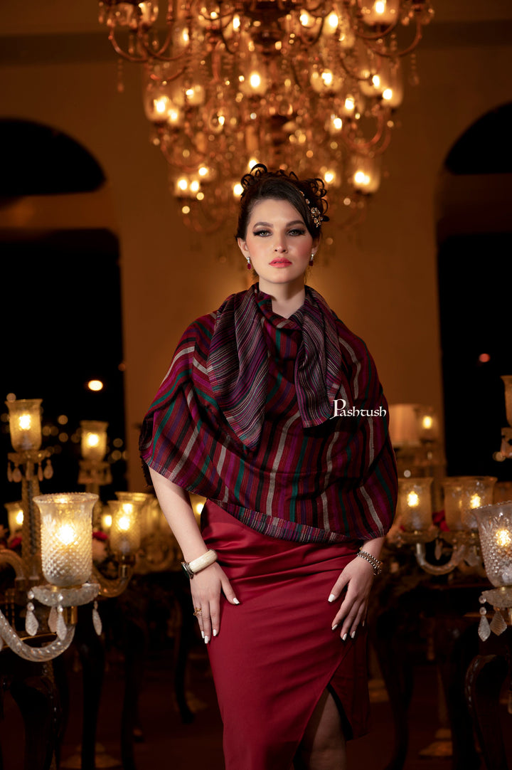 Pashtush India Womens Shawls Pashtush Womens Shawl, Cashmere Wool Blend, Extra Fine Wool, Reversible Weave, Striped Crimson
