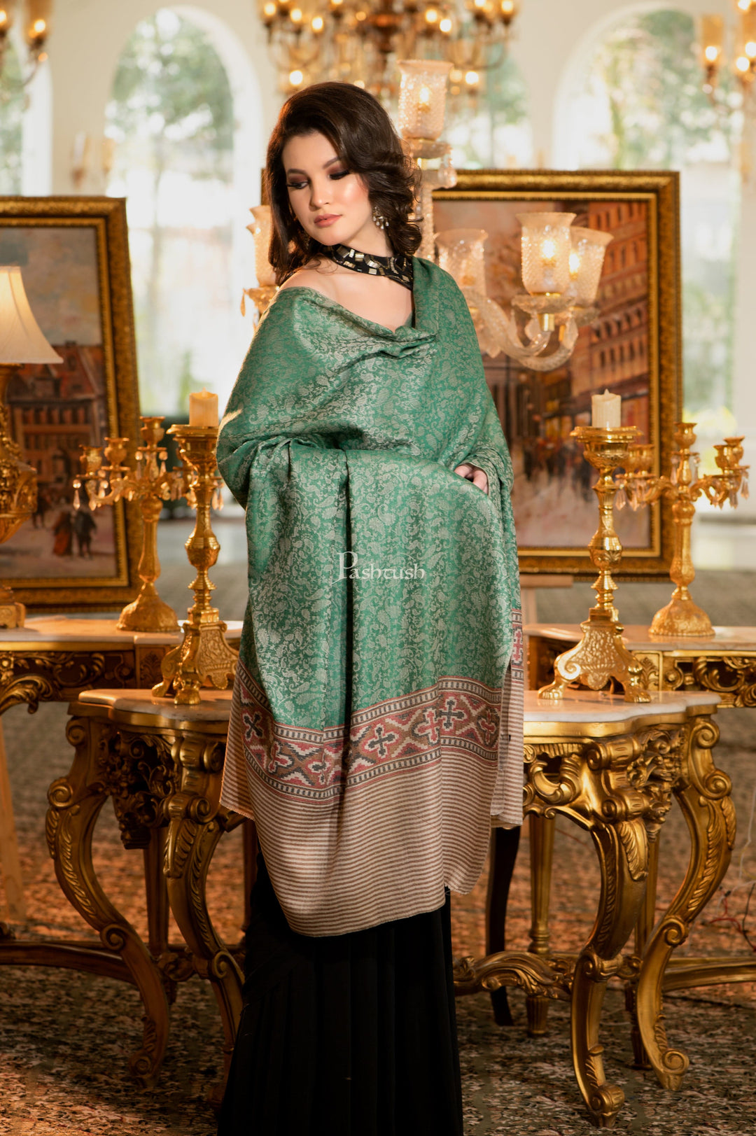 Pashtush India Womens Stoles and Scarves Scarf Pashtush Womens Shawl, Fine Wool, Aztec Weave, Soft light weight, Emerald Green