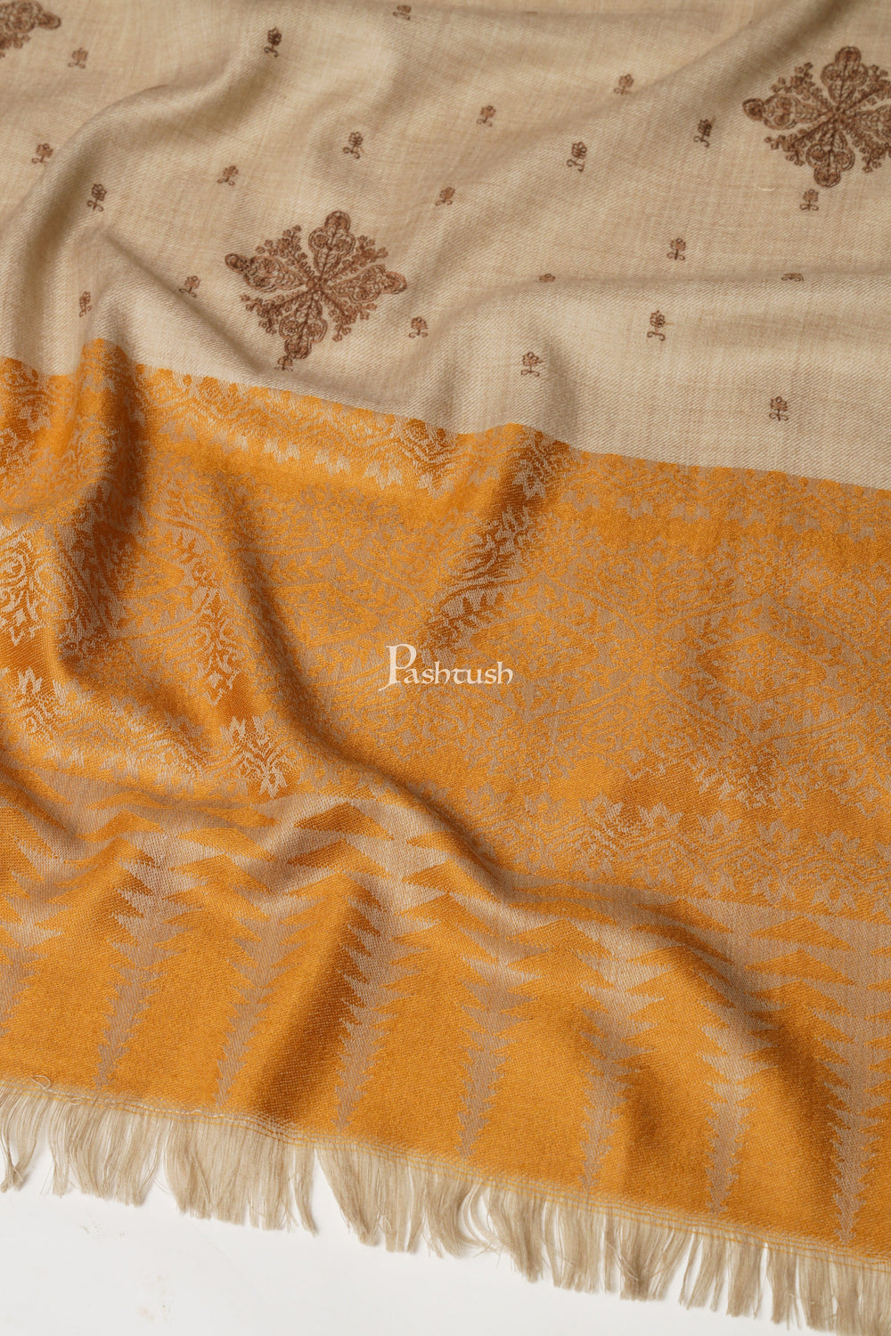 Pashtush India Womens Shawls Pashtush Womens shawl, Fine Wool, Bootey Kashmiri Embroidery, Beige and Mustard