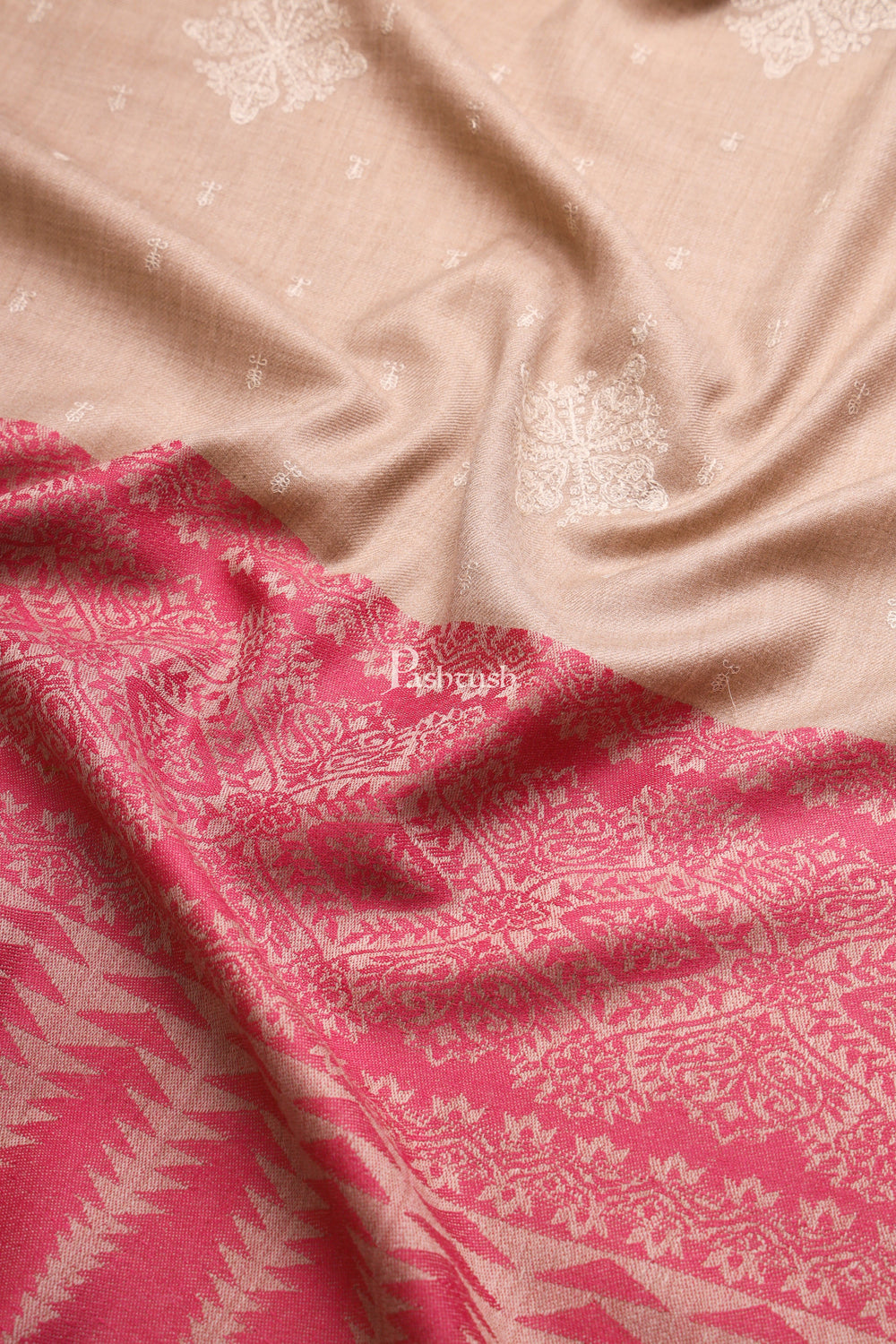Pashtush India Womens Shawls Pashtush Womens shawl, Fine Wool, Bootey Kashmiri Embroidery, Taupe and Maroon
