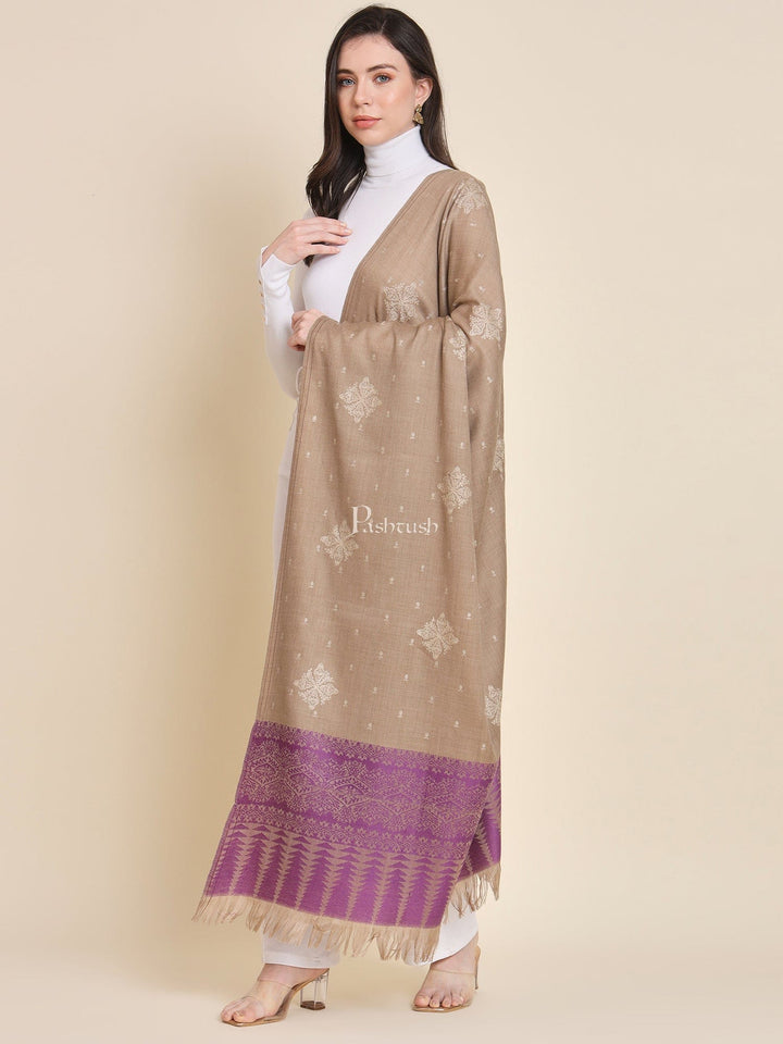 Pashtush India Womens Shawls Pashtush Womens shawl, Fine Wool, Bootey Kashmiri Embroidery, Taupe and Purple