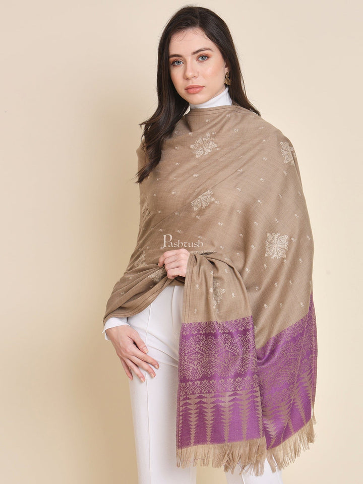 Pashtush India Womens Shawls Pashtush Womens shawl, Fine Wool, Bootey Kashmiri Embroidery, Taupe and Purple