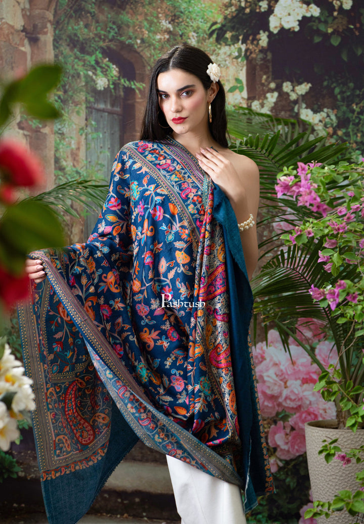 Pashtush India Womens Shawls Pashtush Womens Shawl, Fine Wool, Hand Embroidery, Kalamkari Design, Blue, Soft and Warm