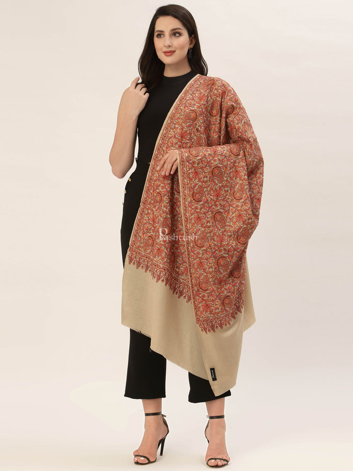 Pashtush India Womens Shawls Pashtush Womens Shawl, Fine Wool, Needlework Jaal, Papier Mache Embroidery, Beige