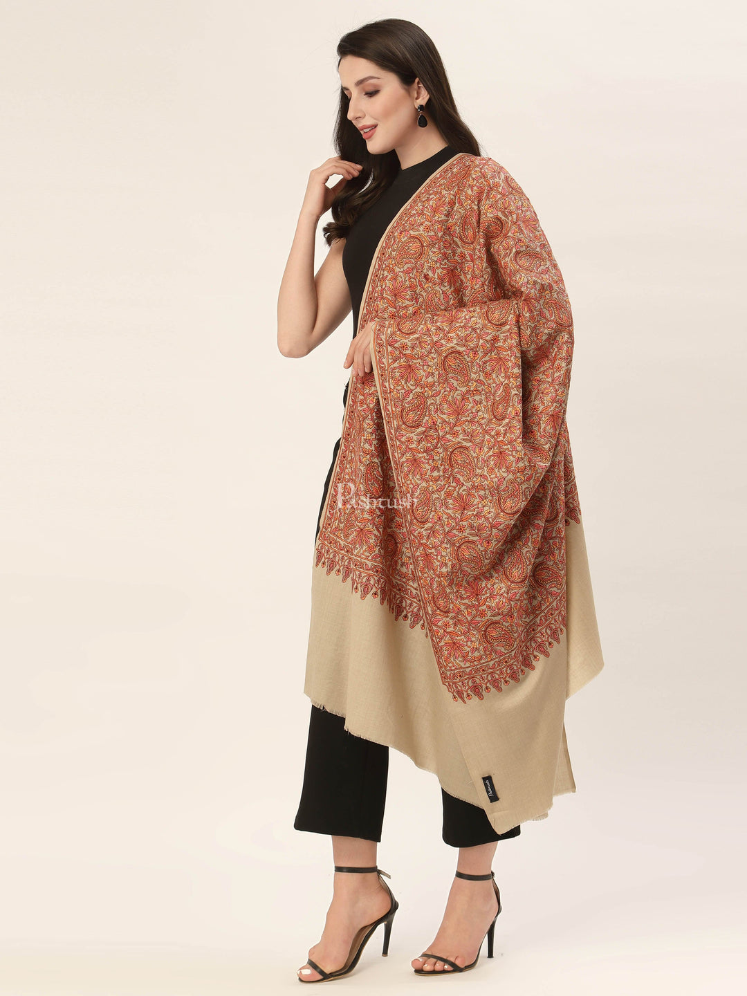 Pashtush India Womens Shawls Pashtush Womens Shawl, Fine Wool, Needlework Jaal, Papier Mache Embroidery, Beige