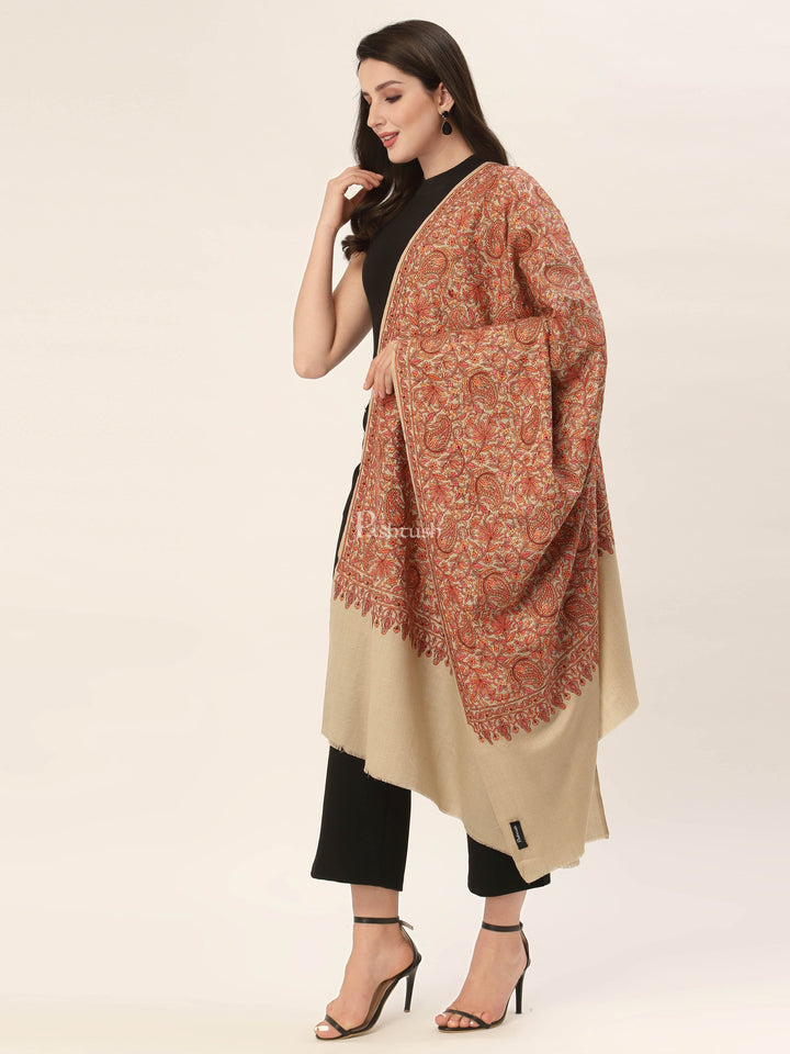 Pashtush India Womens Shawls Pashtush Womens Shawl, Fine Wool, Needlework Jaal, Papier Mache Embroidery, Beige