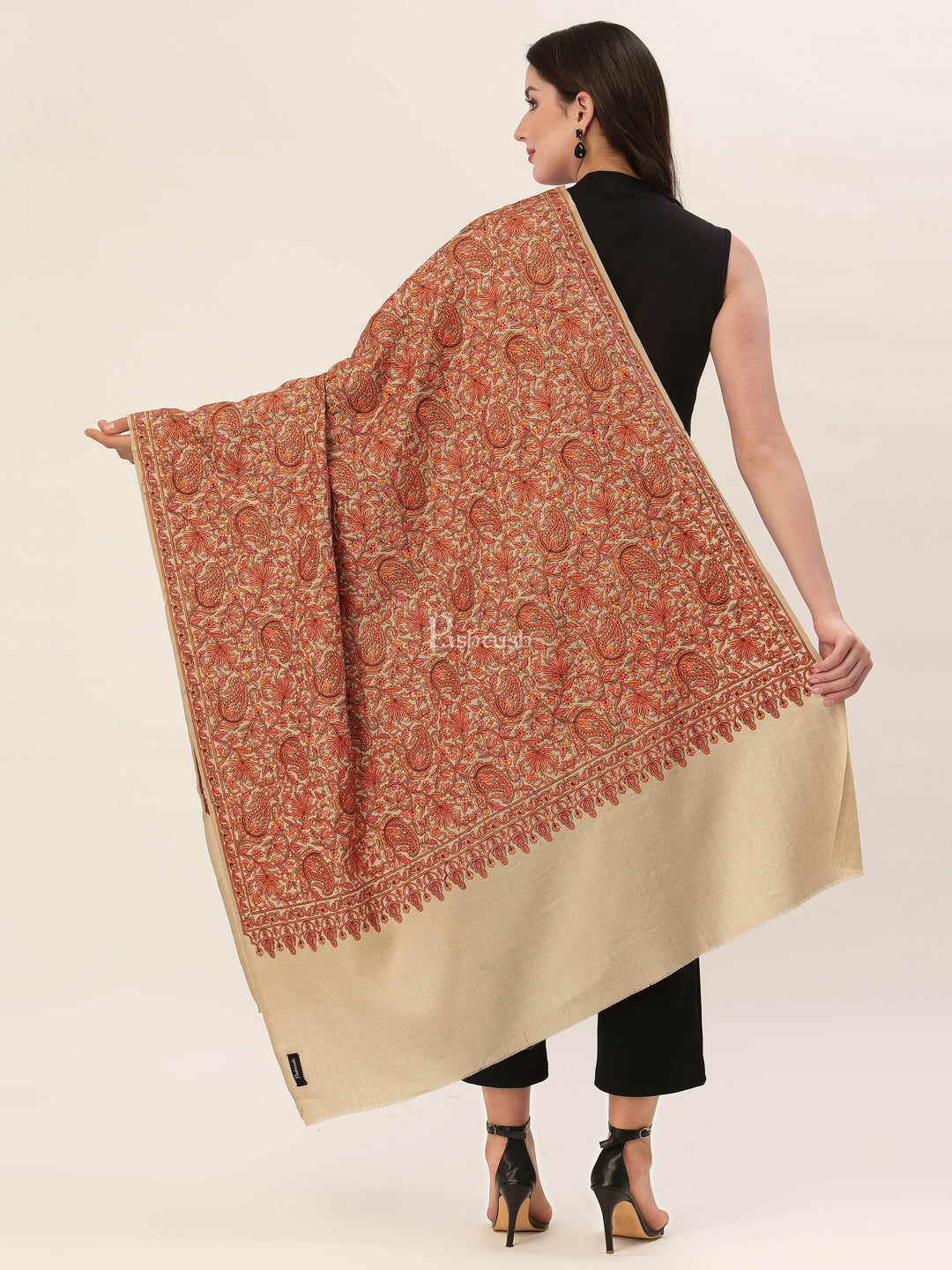 Pashtush India Womens Shawls Pashtush Womens Shawl, Fine Wool, Needlework Jaal, Papier Mache Embroidery, Beige