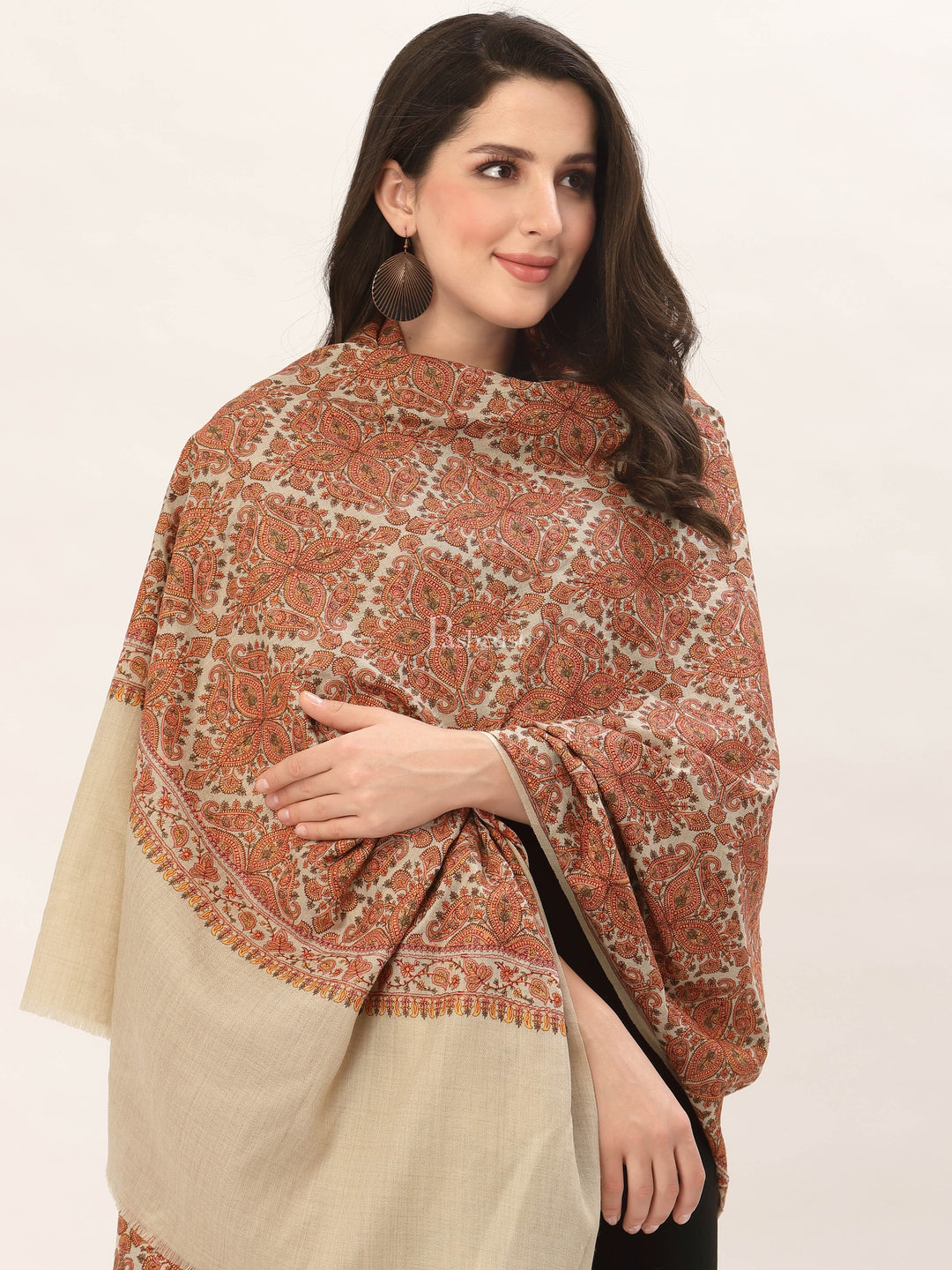 Pashtush India Womens Shawls Pashtush Womens Shawl, Fine Wool, Needlework Jaal, Papier Mache Embroidery, Beige