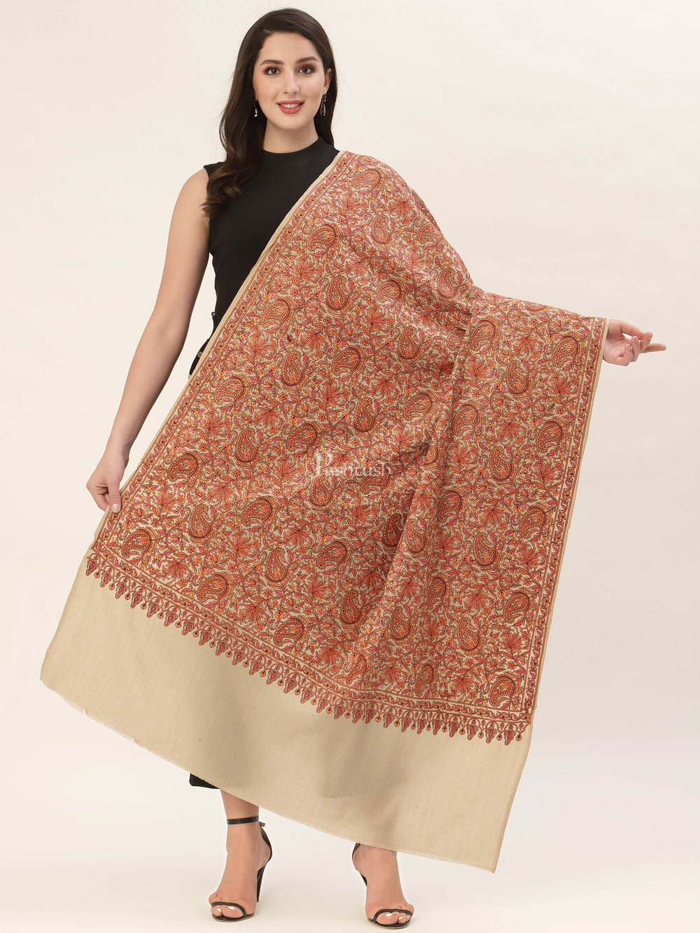 Pashtush India Womens Shawls Pashtush Womens Shawl, Fine Wool, Needlework Jaal, Papier Mache Embroidery, Beige