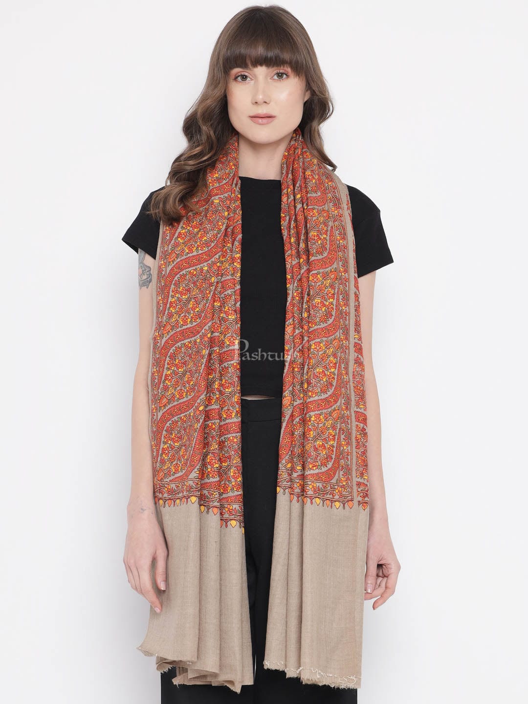 Pashtush India Womens Shawls Pashtush Womens Shawl, Fine Wool, Needlework Jaal, Papier Mache Embroidery, Beige
