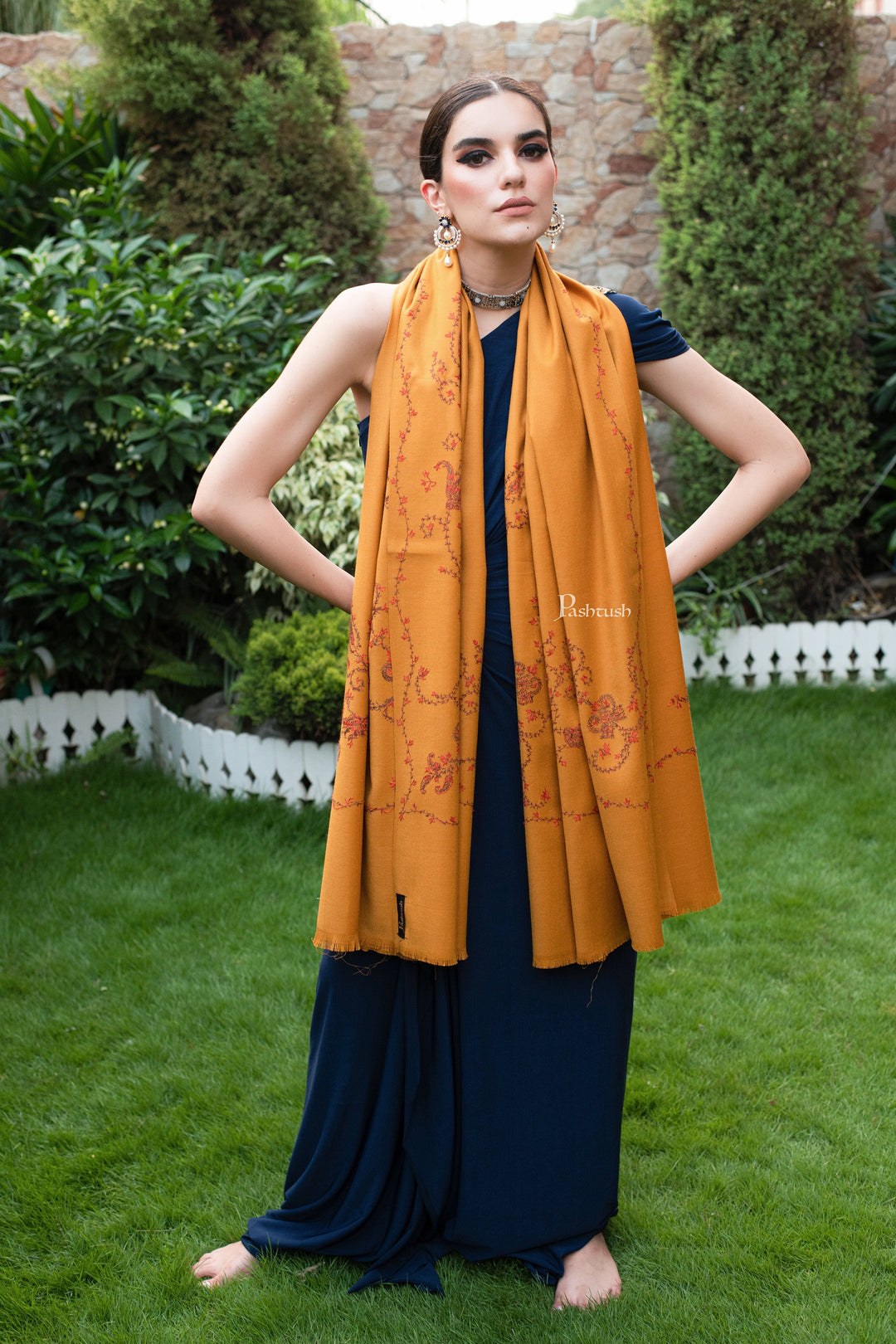 Pashtush India Womens Shawls Pashtush womens Shawl, hand embroidery design, Mustard